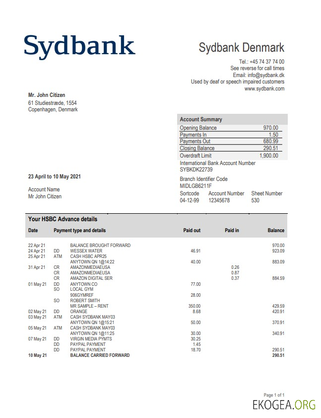 Déclaration de Sydbank au Danemark